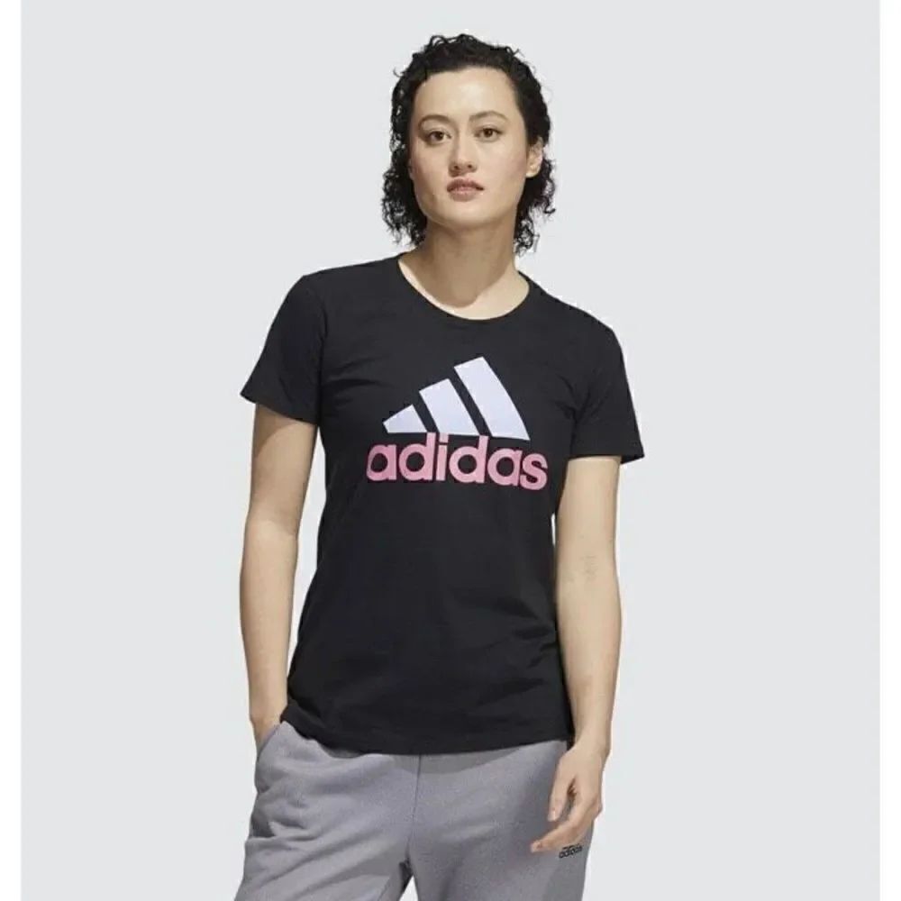 ADIDAS - NWT - L Sz XS Badge of Sport Tee in Black w/Violet & Rose NEEDS REPAIR!